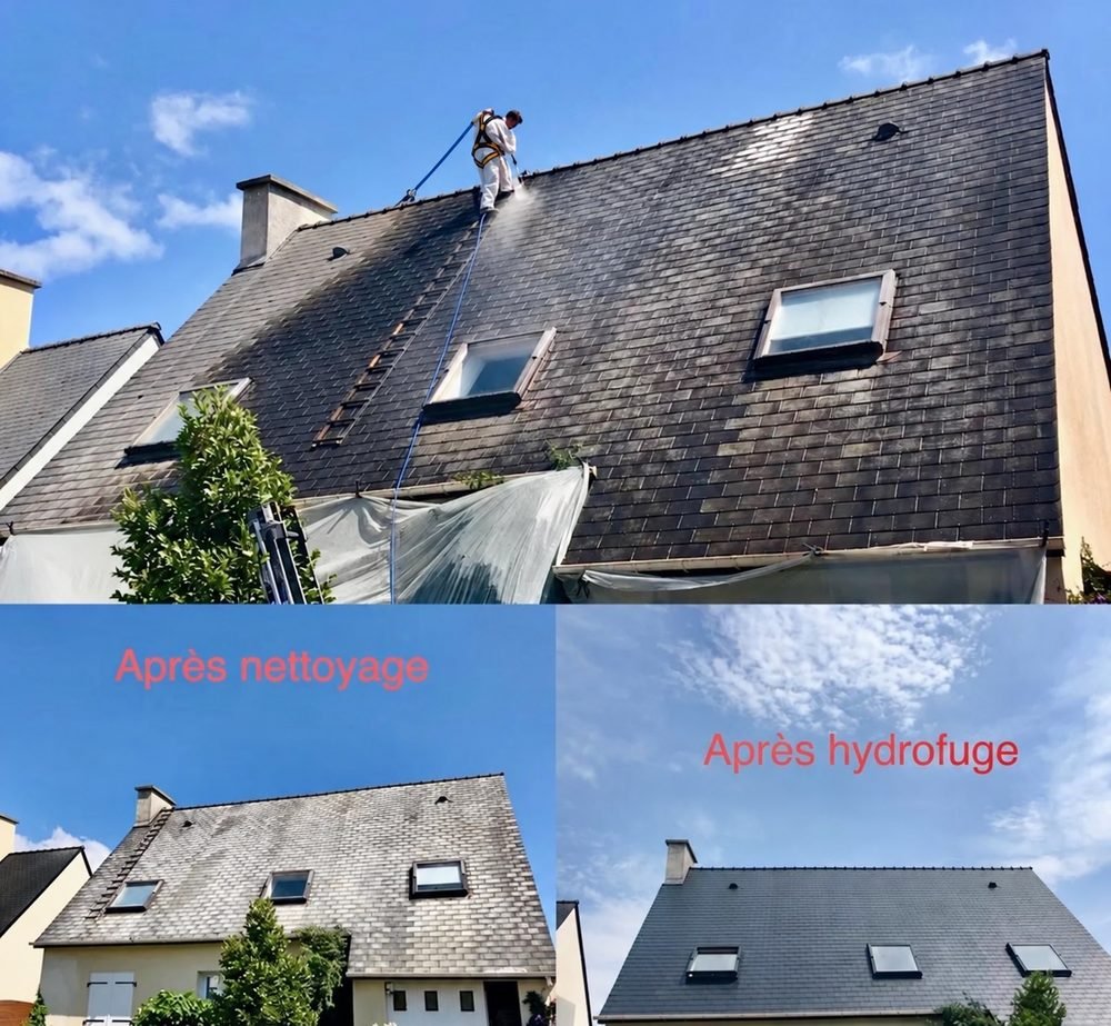Nettoyage d'une toiture en ardoise par un couvreur sécurisé par un harnais, puis la même toiture après nettoyage et après traitement hydrofuge