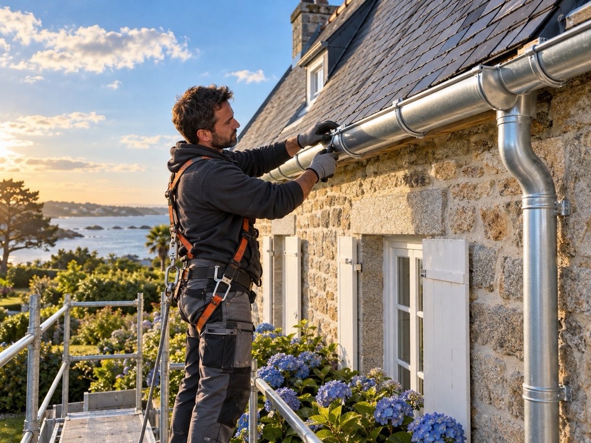 Couvreur posant une gouttière en zinc sur une maison en granit (image d'illustration)