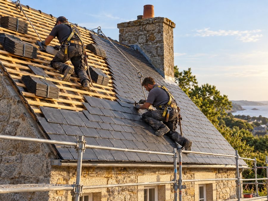 Couvreurs posant des ardoises sur une maison bretonne en granit (image d'illustration)
