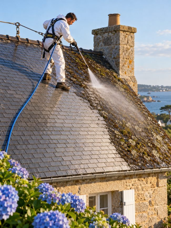 Nettoyage d'une toiture en ardoise par un couvreur sécurisé par un harnais (image d'illustration)
