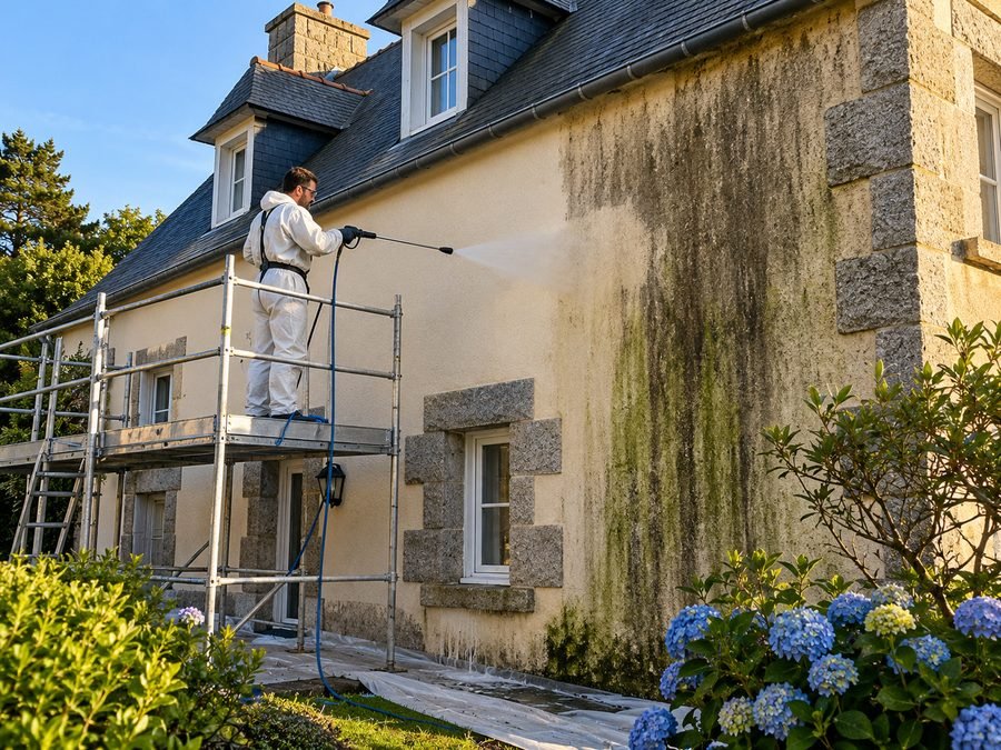 Nettoyage de la façade d'une maison bretonne (image d'illustration)