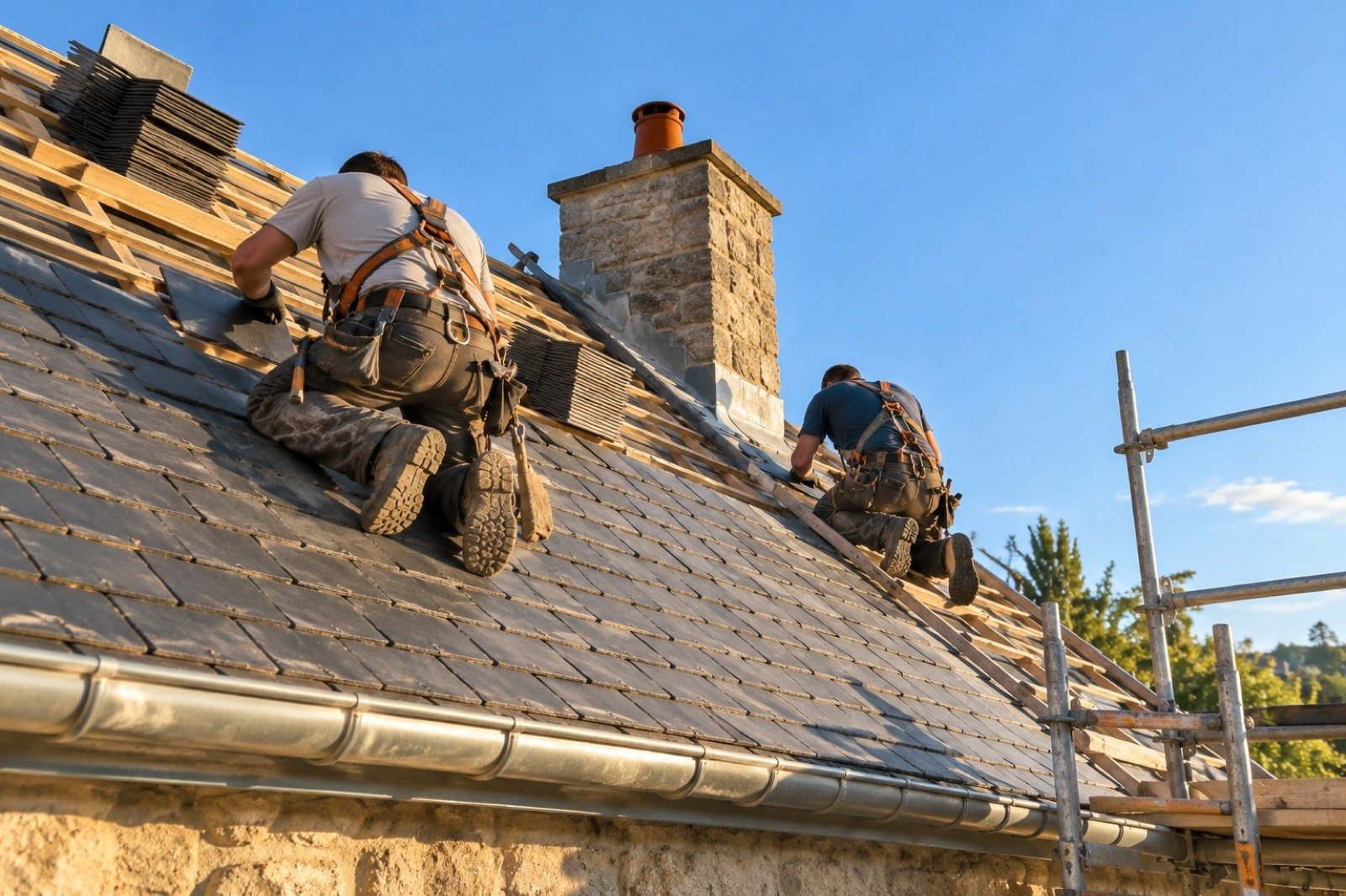 Couvreurs sur une toiture en ardoise, cheminée en pierre (image d'ambiance)